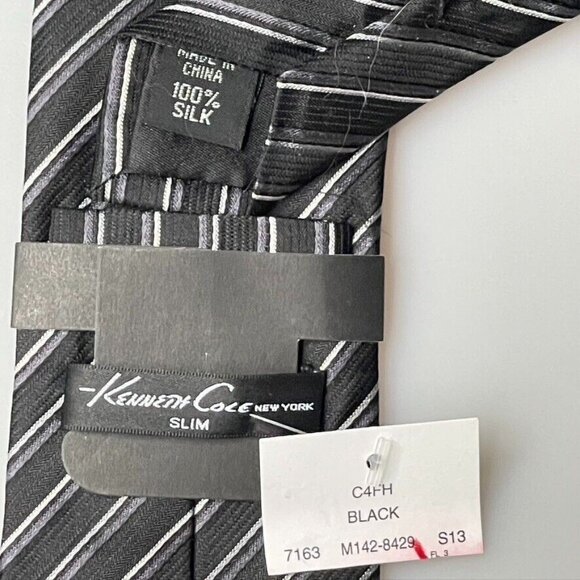 Kenneth Cole New York Slim Black & White Striped Silk Tie - Picture 2 of 4